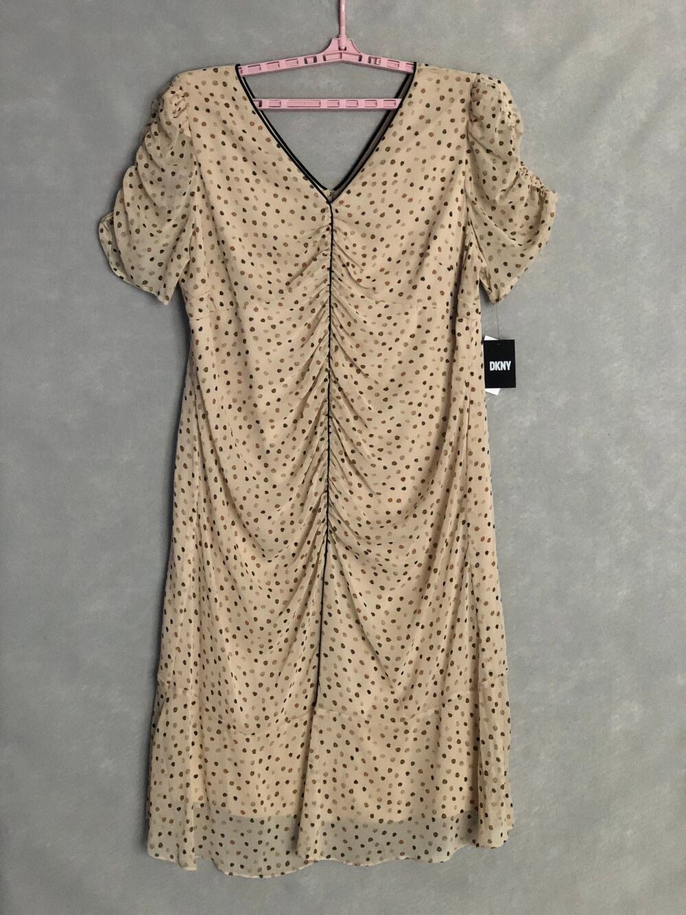 DKNY Chiffon Midi Dress Polka Dot Ruched Front V-Neck Women's Size 22W NEW
